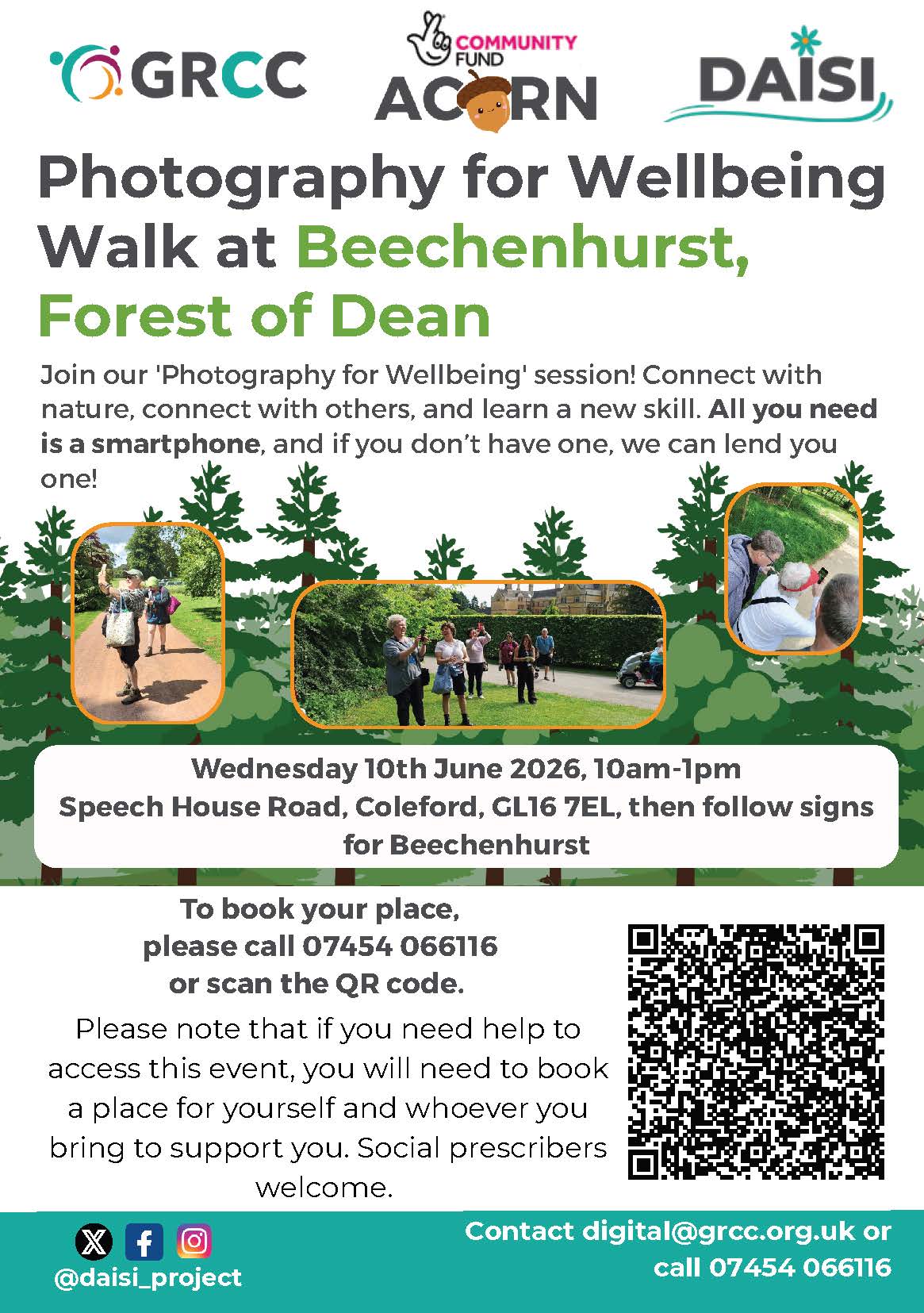 Photography for Wellbeing Walk at Beechenhurst. Wednesday 10th June 10am - 1pm. Contact digital@grcc.org.uk or call 07454 066116